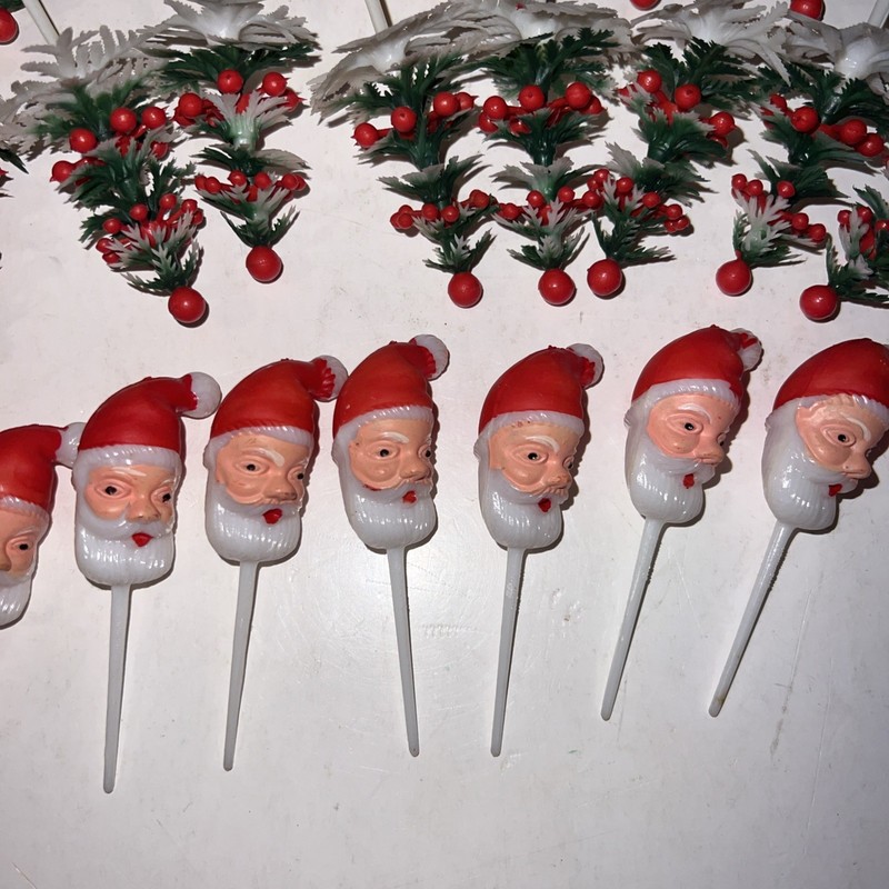 Vintage Christmas Cupcake Pick Lot Of 56! Baking Decorations Santa Claus & Trees gallery