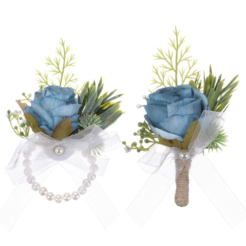 1-Set Wrist Corsage and Boutonnieres Set Artificial Rose Flower [Blue] gallery