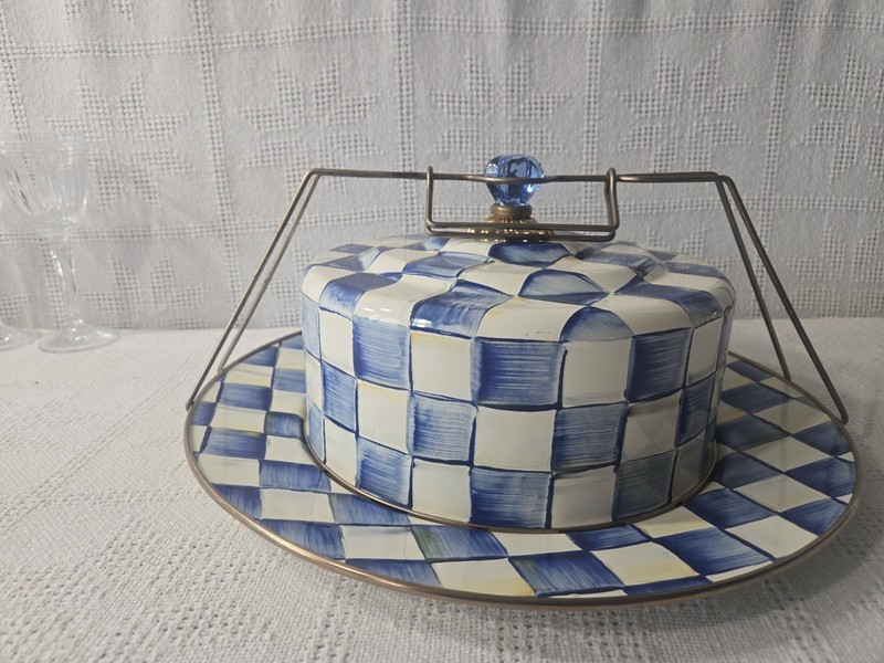 Mackenzie Childs Royal Check Cake Carrier Plate Dome With Handle