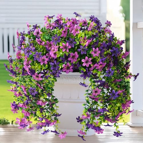 Artificial Fake Hanging Flowers Plants for Outdoor Spring Summer Double Purple