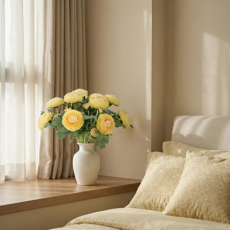 Artificial Ranunculus Flowers Real Touch Stem Silk Crepe - 10pcs Creamy Yellow 1 gallery