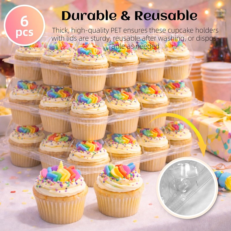 (12 Count x 12 Sets Plastic Cupcake Containers with Liners, Clear Cupcake Hol... gallery
