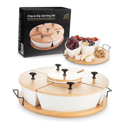 Chip and Dip Serving Set | Rotating Bamboo Lazy Susan Appetizer Tray with