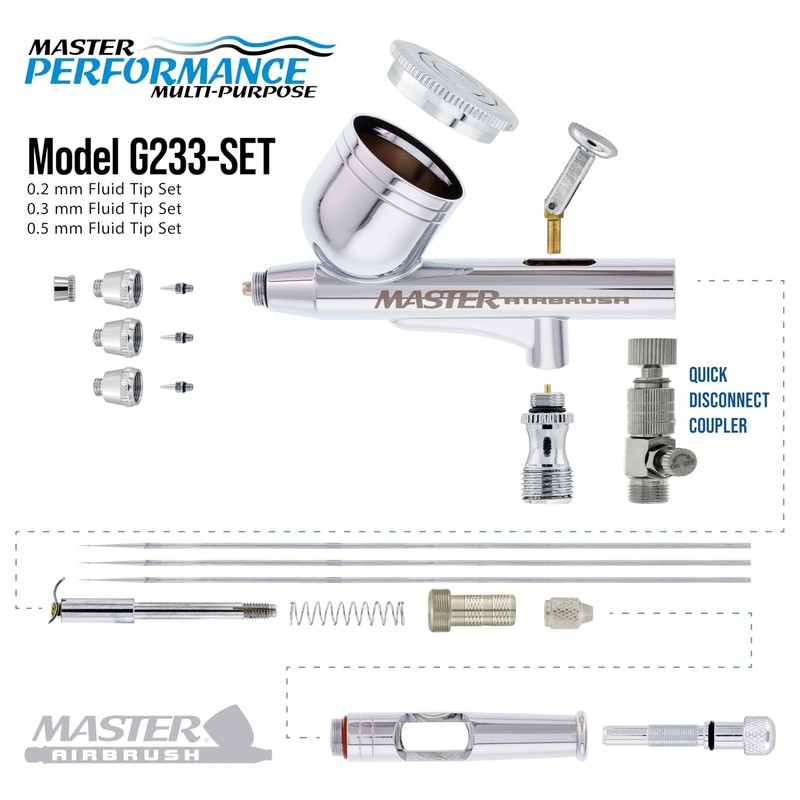 Master Airbrush G233 Performance Pro Kit with 3 Without Hose, silver gallery