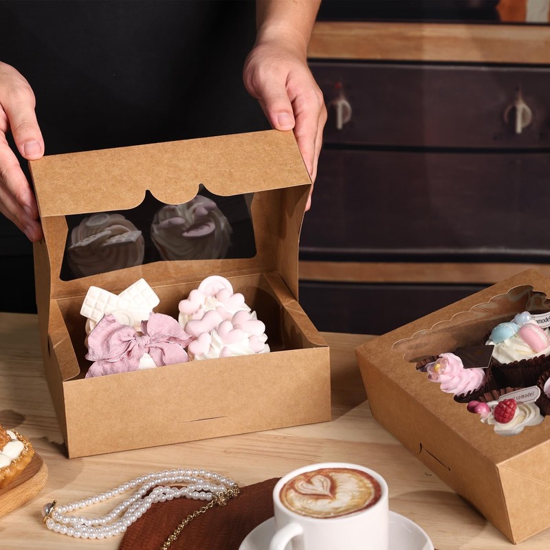 24 Pcs Cookie Bakery Boxes With Window 8x6.5x2.5 Inch Auto Popup Brown gallery