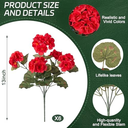 Artificial Geranium Flowers for Outdoors Decoration, 6 Pcs Fake Silk A-red gallery