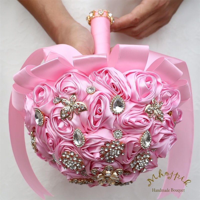 Mhojpik 7.5 Pink Bridal Wedding Bouquet Round Bling Brooch Bouquet Throw Toss gallery