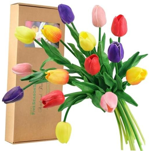 Real Touch Tulips Artificial Flowers – 15 Stems Faux Tulip Bouquet #9 Rainbow gallery