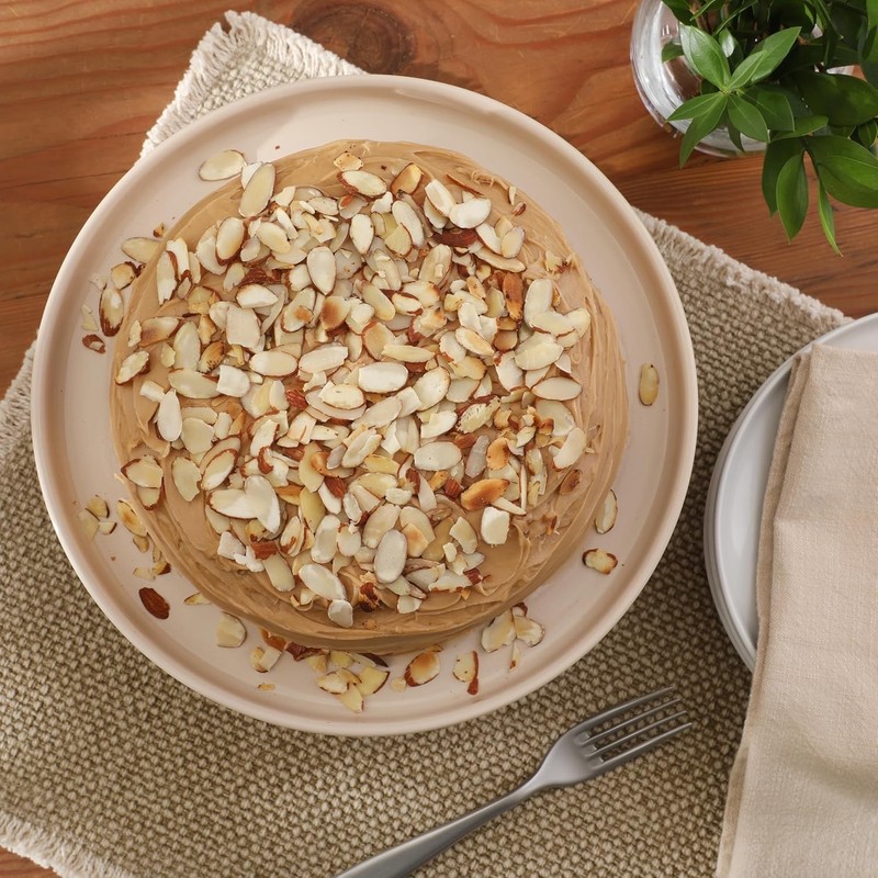 10.7-Inch Stoneware Cake Stand W/ Acacia Wood Base – Taupe Round Dessert Display gallery