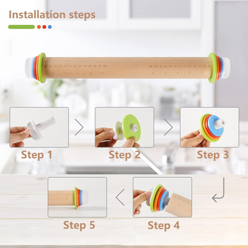 Wood Rolling Pin With 4 Adjustable Thickness Rings, Non-stick Dough Roller For B gallery