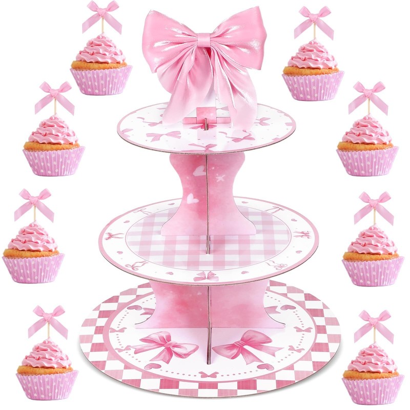 3 Tier Pink Bow Cupcake Stand with 24 Cake Toppers Coquette Birthday Party De…