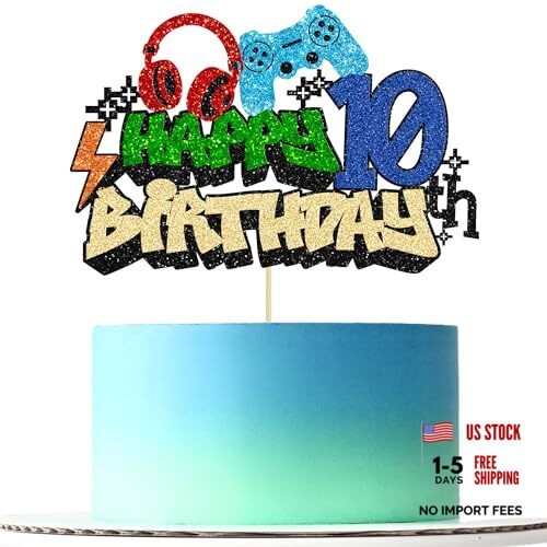 10th Birthday Cake Topper – Glitter Video Game – Birthday Cake Pick