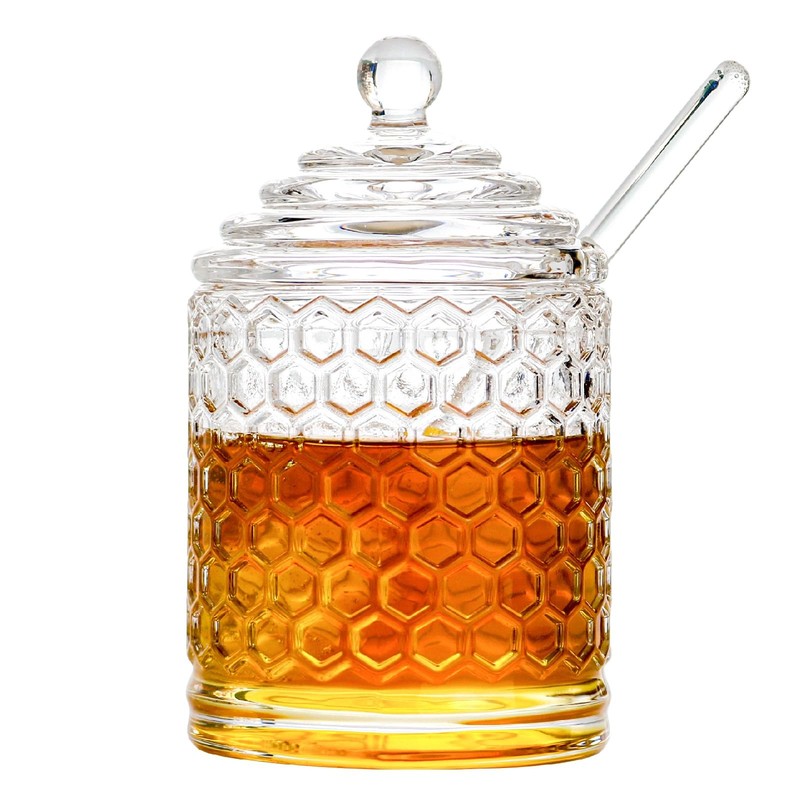 Glass Honey Jar with Lid and Dipper, Honeycomb-Inspired Design Container, Hea…