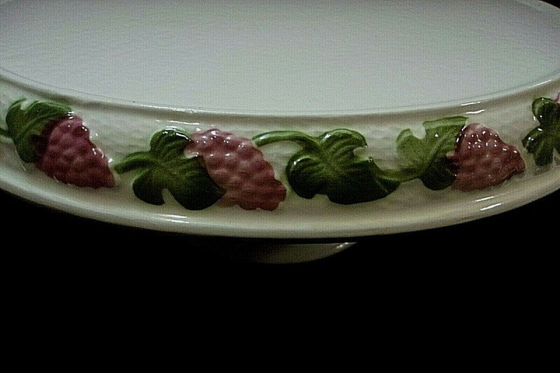 GLAZED CERAMIC PEDESTAL CAKE STAND with RIM of EMBOSSED GRAPEVINES - 12" Diam. gallery