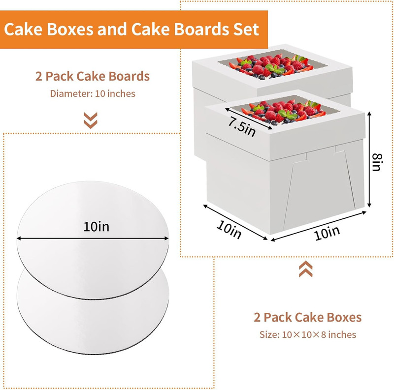 10 Inch Cake Box with Cake Boards, 2 Pack Disposable Cake Carrier, Cakes Transpo gallery