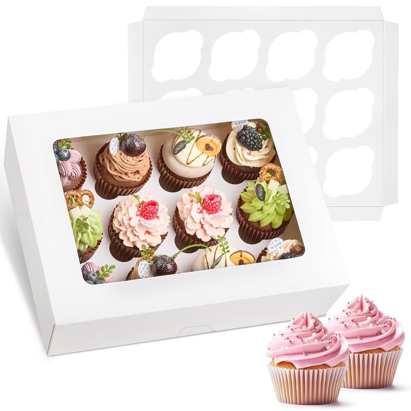 12 Count Cupcake Boxes - 2 Pack White Containers with Windows & Inserts, Disposa gallery