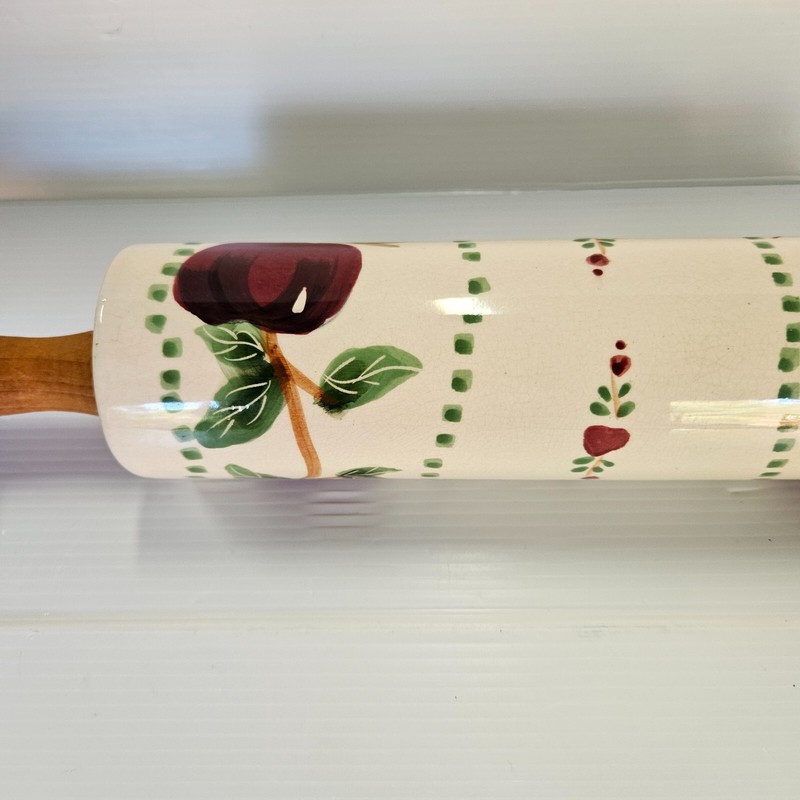 Stoneware Bakers Rolling Pin Wooden Handles Apples Vintage - used gallery