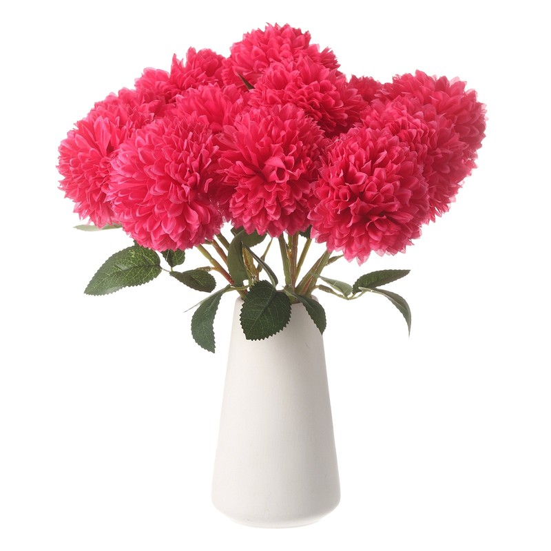 12pcs Artificial Chrysanthemum Ball Flower Faux Mum Flower Bouquet, Rose Red