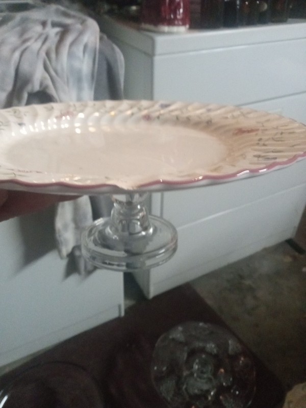 Vintage Cake Plate Clear Glass with Pink Flowers Ruffled Edge 13.5”