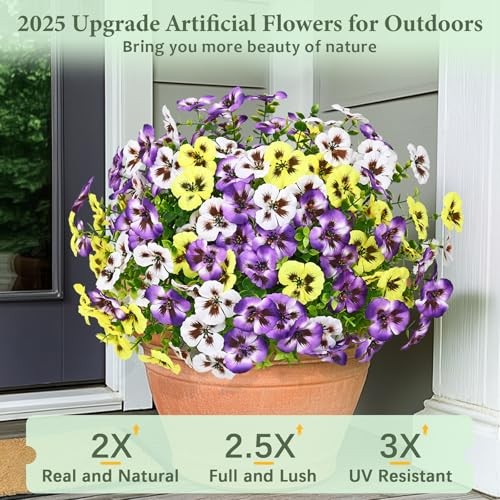 Look Real Artificial Flowers for Outdoors, 12 Bundles Yellow+white+purple gallery