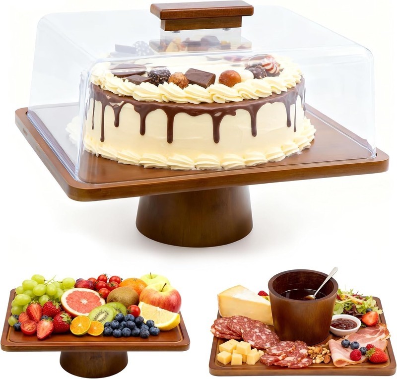 Wood Cake Stand W/ Lid Rectangular Cake Holder 2-in-1 Dessert Table Display Set