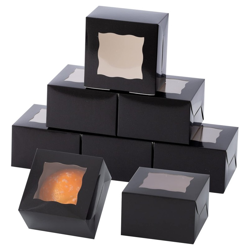 100 PCS 4x4x2.5 Inch Paper Cookie Bakery Box With Window Mini Cake Black
