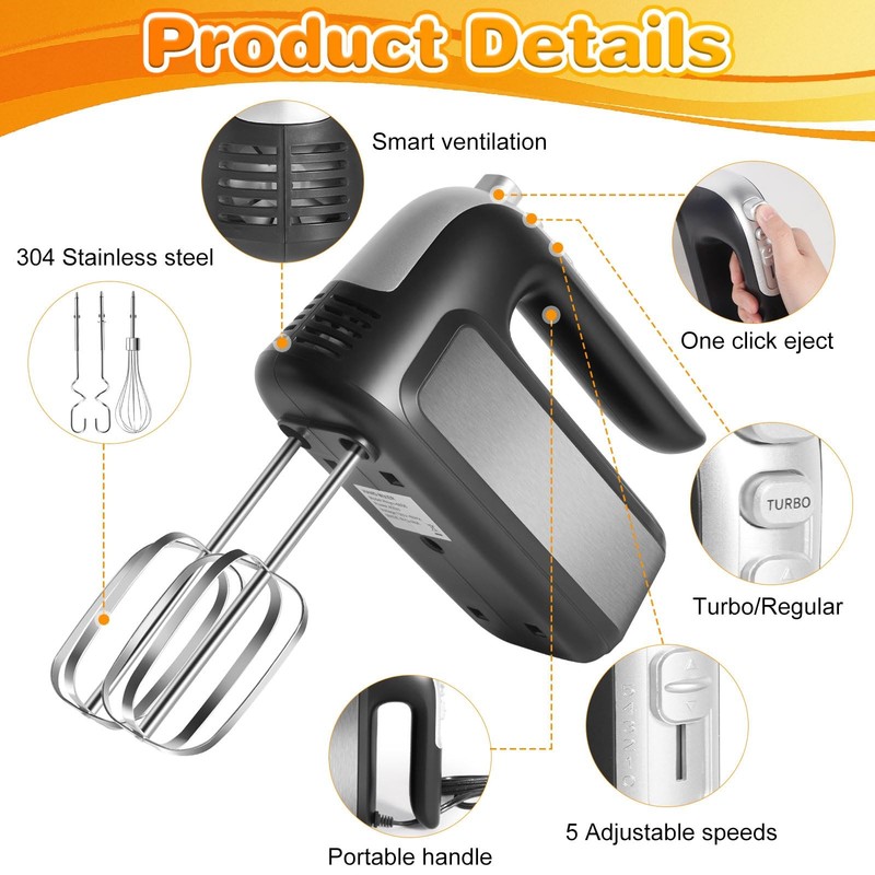 5Speed 400W Hand Mixer Electric Handheld Turbo Eject 5 Attachments Baking gallery