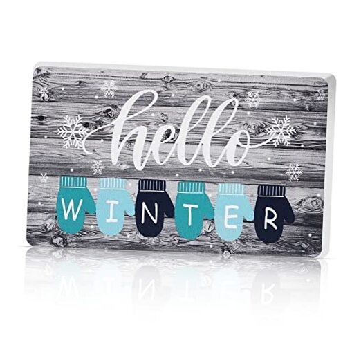 Hello Wood Sign for Home Farmhouse Decor 9 x 5.3 Inch Table Centerpiece Winter