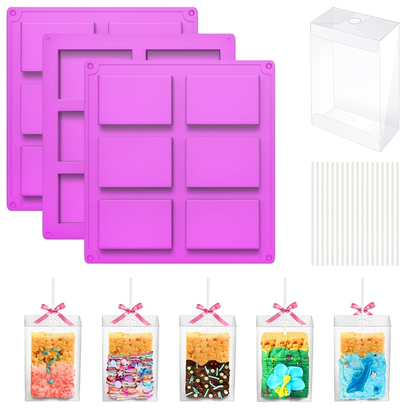 Silicone Cereal Bar Molds, 3 PCS with 35 Boxes, Sticks for Rice Krispy Treats
