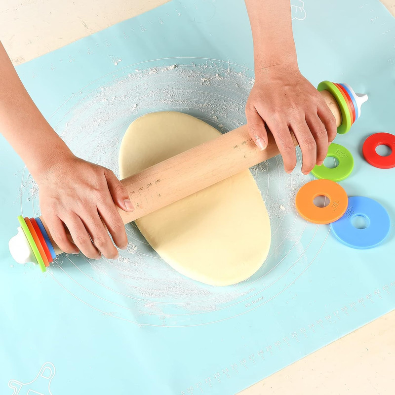 Wood Rolling Pin With 4 Adjustable Thickness Rings, Non-stick Dough Roller For B gallery
