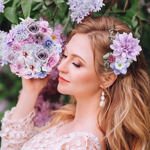 QUOZUO Artificial Flower Heads, Mini Silk Roses Peonies Daisy Floral Purple gallery