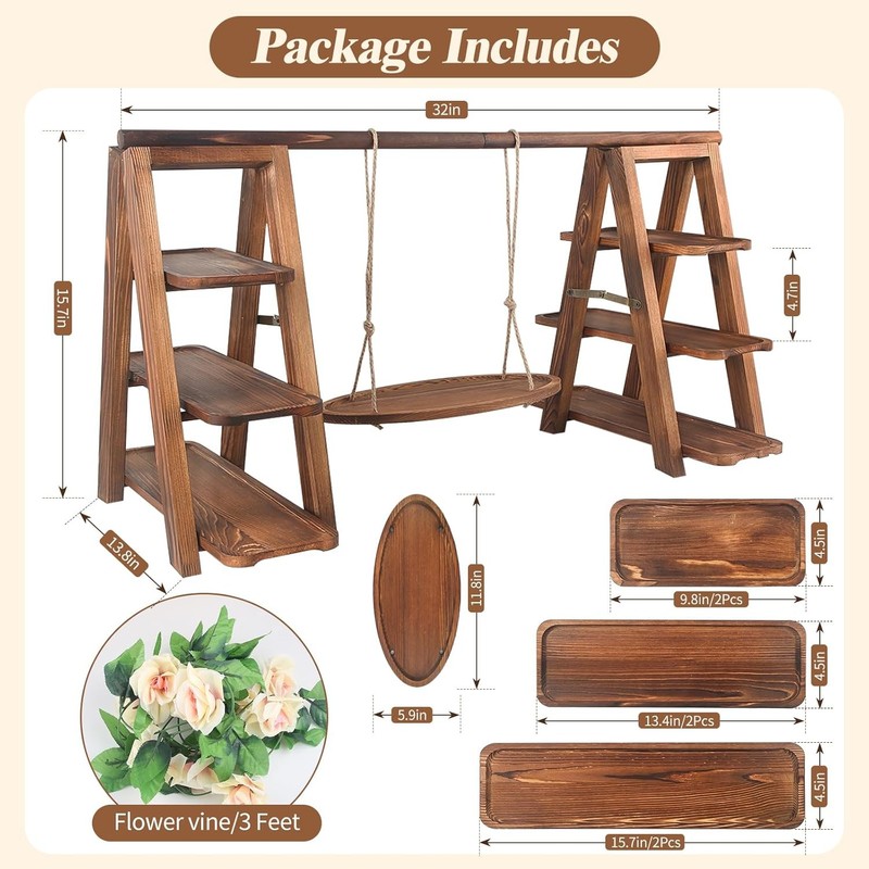 Wooden 3 Tier Cupcake Stand W/ Swing & Flower Decoration Serving Removable Tray gallery