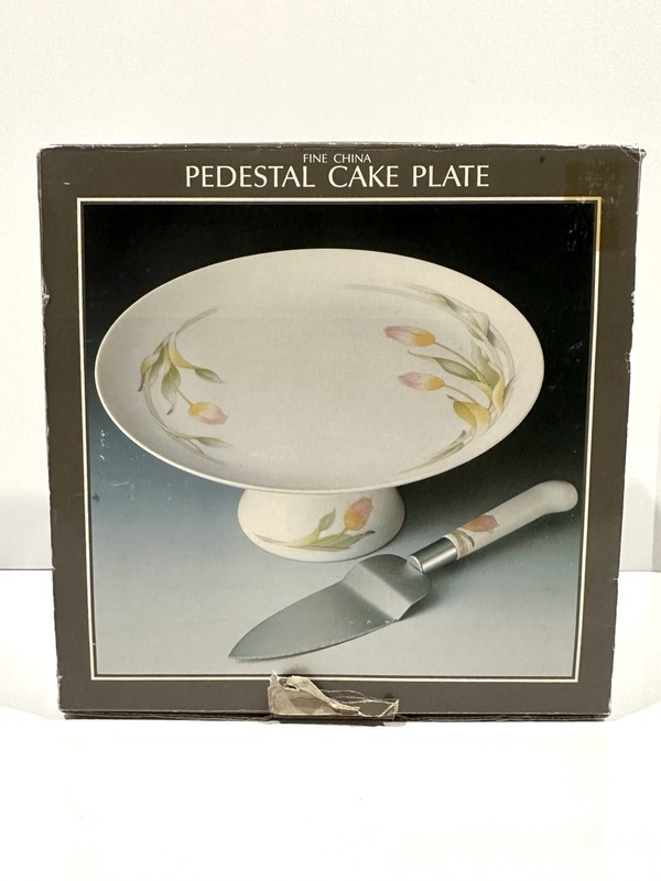 Vtg Pedestal Cake Platter Stand Westbury Tuscany Yellow Orange Floral Dessert gallery