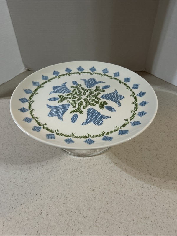 BLUE FLORAL 12" CAKE PLATE STAND W/ CLEAR GLASS PEDESTAL gallery
