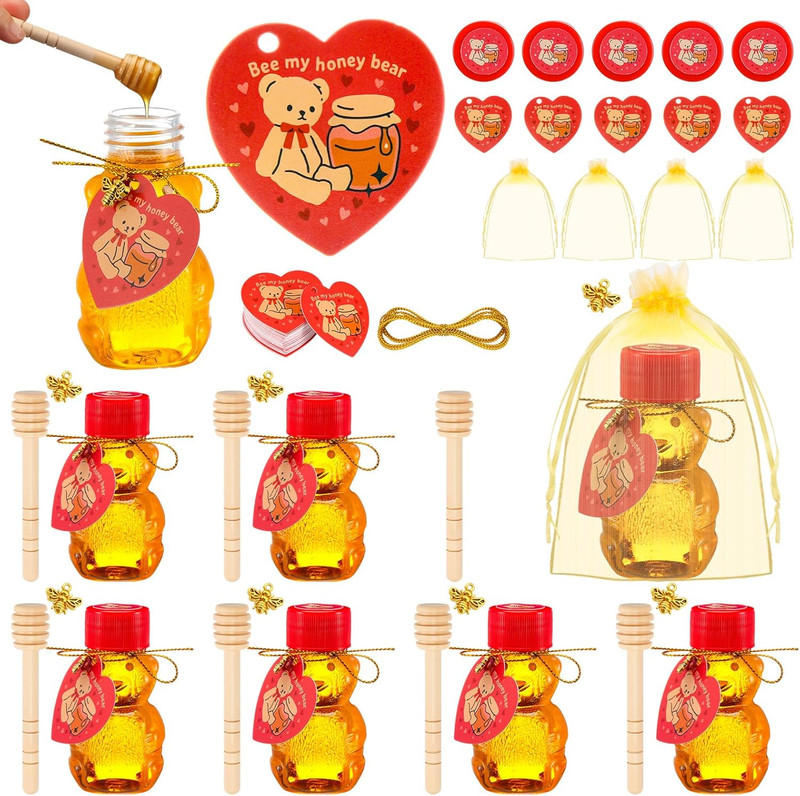 Yungyan 48 Sets 2 Oz Honey Bear Bottles Bulk, Mini Plastic Honey Bear Jars with