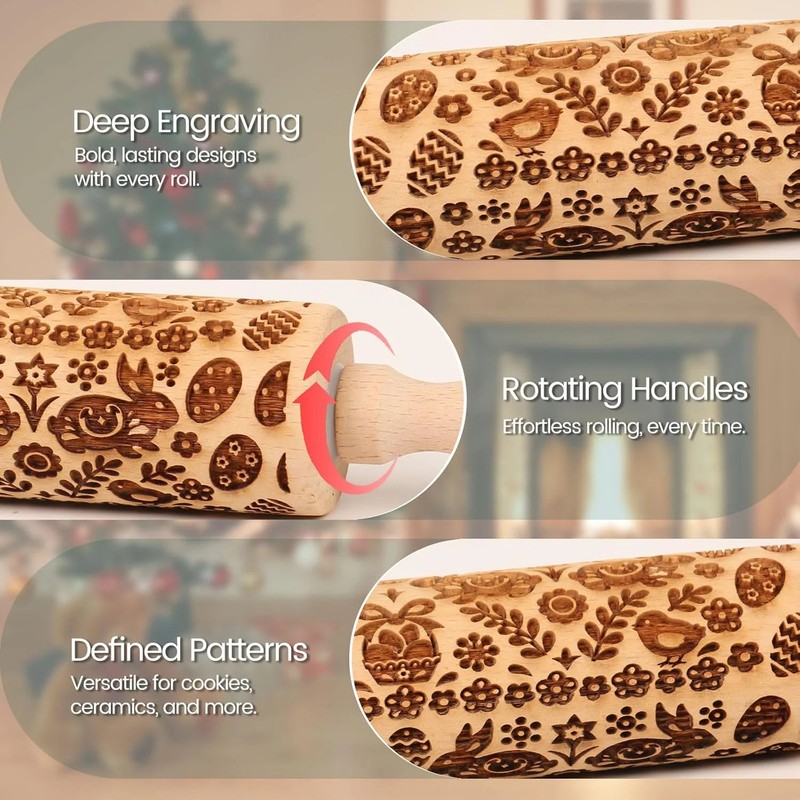 Easter Embossed Rolling Pin Wooden Bunny Floral Cookie Dough Pattern Roller gallery