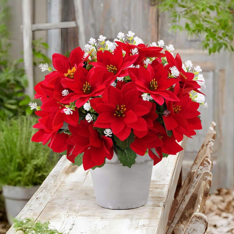 MOIAVAN 12 Bunches Poinsettias Artificial Christmas Flowers 14 inches, Red gallery