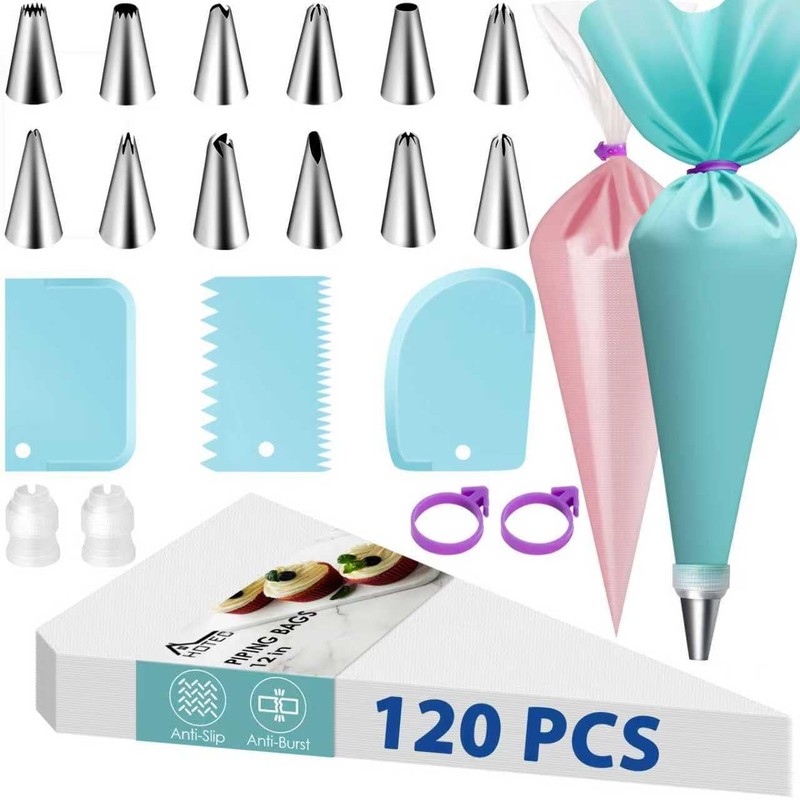 Piping Bags and Tips Set, 120 Pcs Cake Decorating Kit with 100pcs 12 Inch Dis…