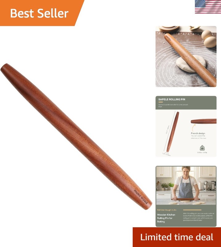 Elegantly Crafted 15.75-inch Sapele Wood Rolling Pin for Pastries & Cookies