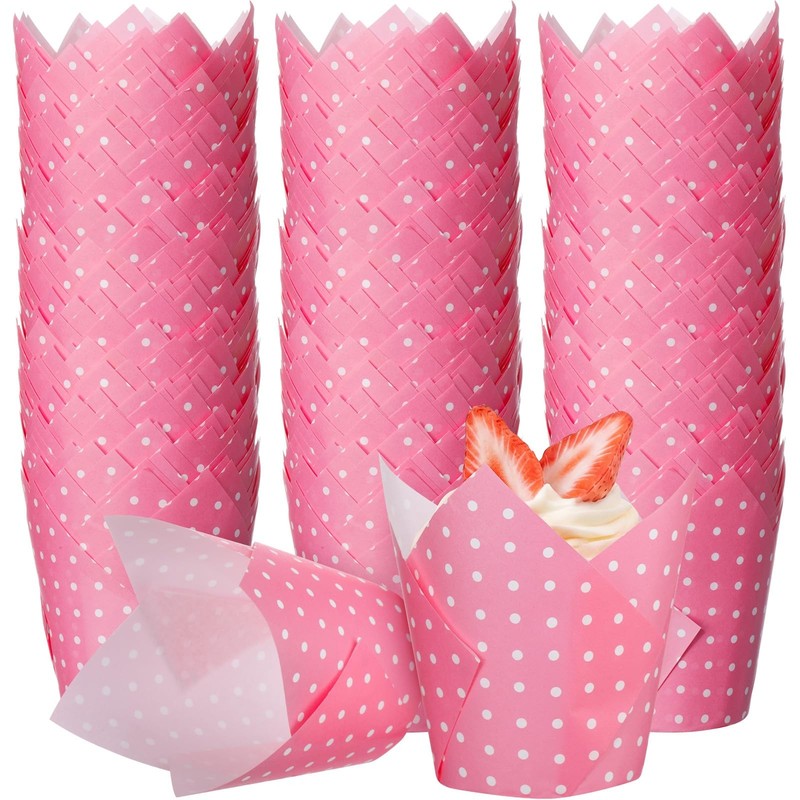 200 Pcs Pink and White Polka Dot Tulip Cupcake Liners for Baking Muffin Bakin...