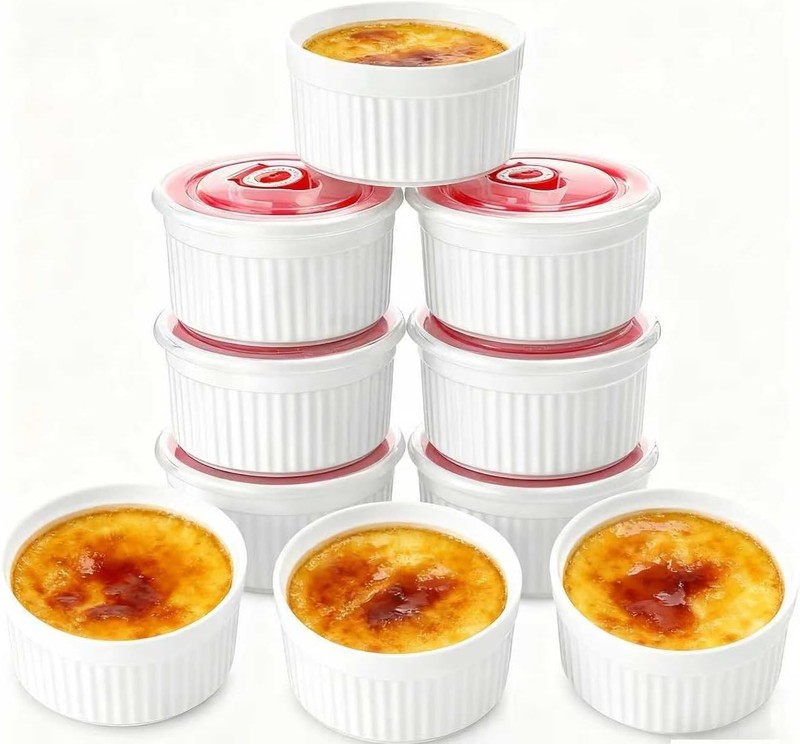 Ramekins with Lids Set of 6, 8 oz Porcelain Creme Brulee Souffle Ramekins with