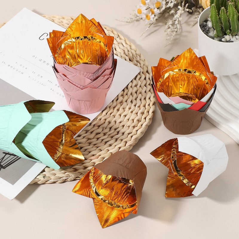 50Pcs Tulip Baking Cups Cupcake Muffins Liners Aluminum Foil Paper Gold/Red gallery