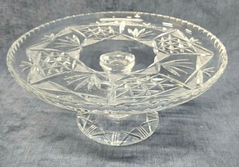 Vintage Cut Glass Cake Pedestal Plate Fans & Crosshatch 6″h by 12″dia u-8F