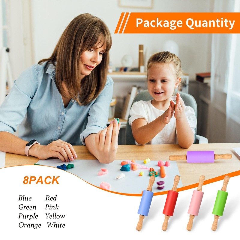 Mini Silicone Rolling Pin Set for Kids - Non-Stick, Wood Handle, 9 Inch, 8 Pack gallery