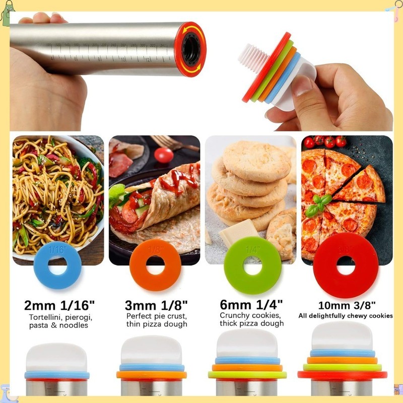 Rolling Pin, Rolling Pins Thickness Rings and Silicone Baking Pastry Mat Set, St