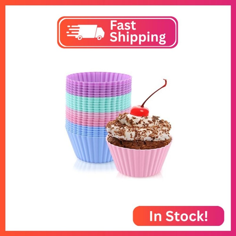 24 Pack Silicone Baking Cups Round Reusable Nonstick Cupcake Liners Food Grade B