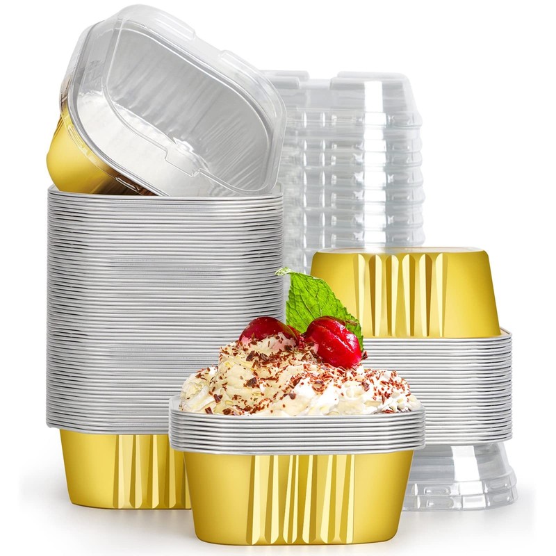 Baking Cups with Lids, 10oz 100pcs Gold Aluminum Foil Oven Loaf Pan Disposabl…