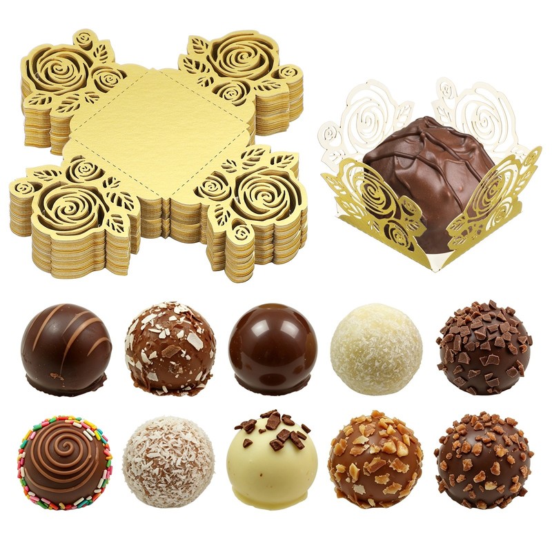 50Pcs 1.4×1.4″ Rose Shape Truffle Wrapper Cupcake Liners for Decor, Gold