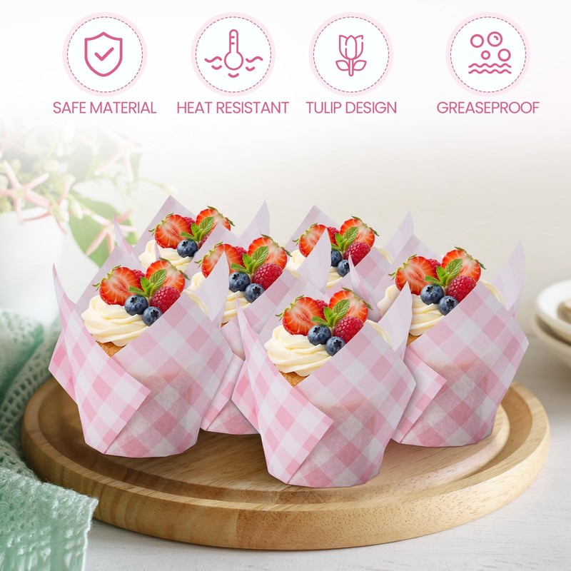200 PCS Pink Gingham Tulip Cupcake Liners Plaid Checkered Muffin Baking Cups gallery