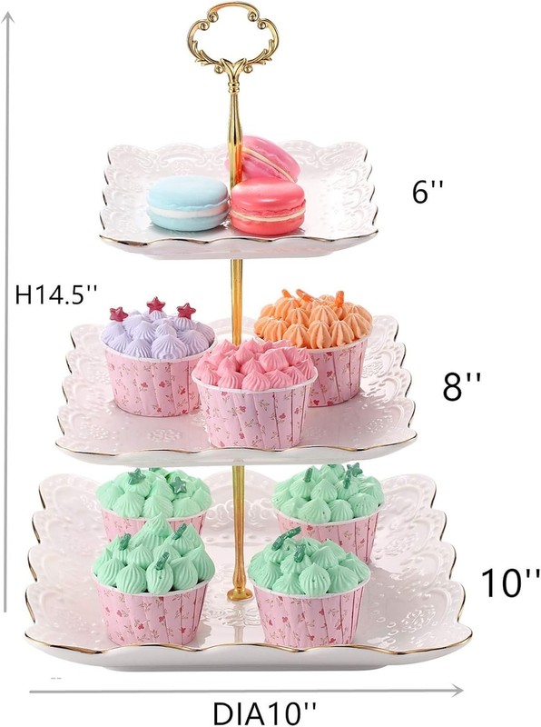 3 Tier Porcelain Cake Stand, Gold Embossed Cupcake Dessert Stand with White Edge gallery